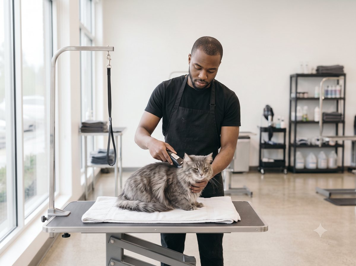 Cat grooming in the studio