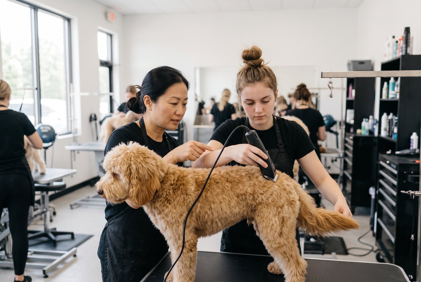 Instructor guiding a student grooming a dog in the training studio
